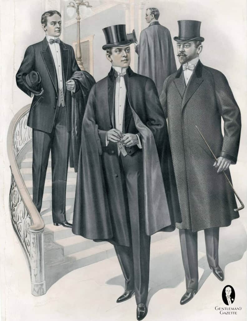 Capes were a good alternative to an raglan evening overcoat - Note the striped tuxedo with angled pockets on the left