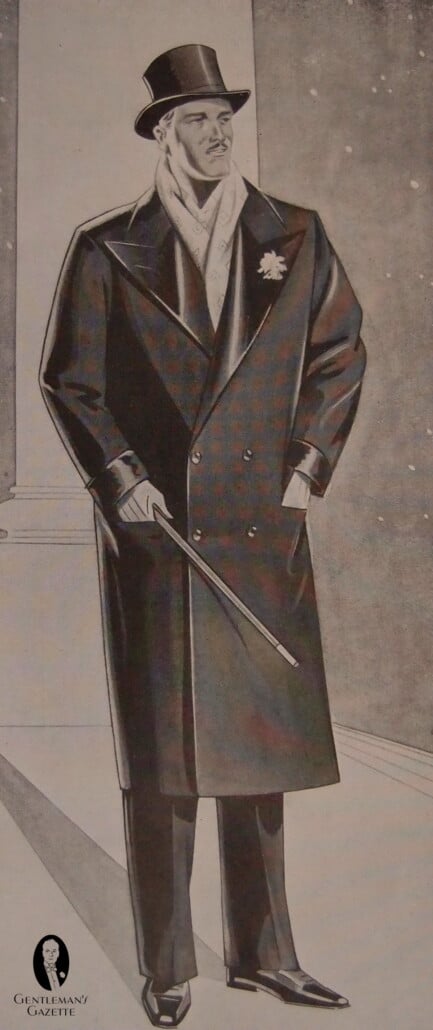 German double breasted evening overcoat with silk faced peak lapels, and boutonniere option -1929