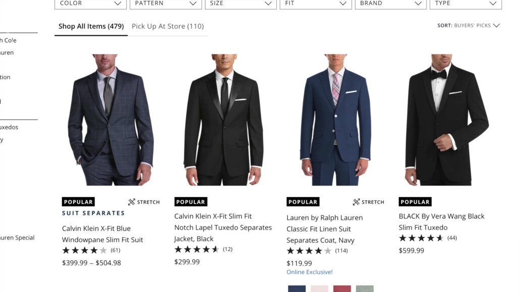 A broad range of over $100 suits from Men's Wearhouse.