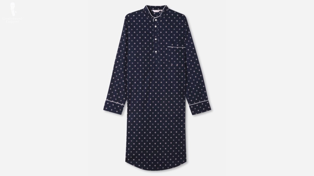 A navy nightshirt with breast pocket and collar.