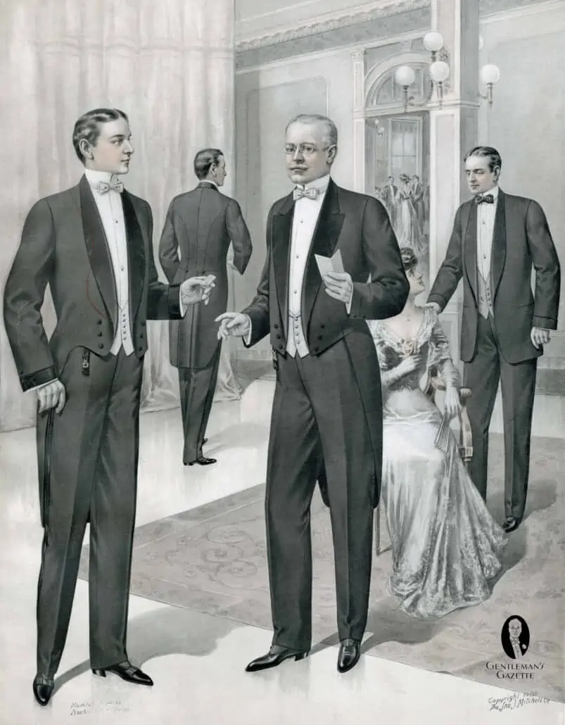 Note the fob on the two white tie ensembles in the front, and the shawl collar jacket worn open - 1908