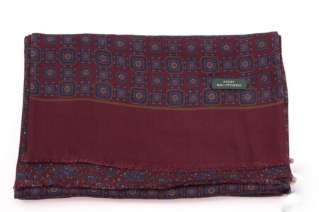 Reversible Scarf in Burgundy Red and Blue Silk Wool Motifs and Paisley - Fort Belvedere