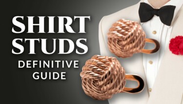 Shirt studs guide cover with two rose gold monkey fist knot studs with a white dinner jacket ensemble in the background