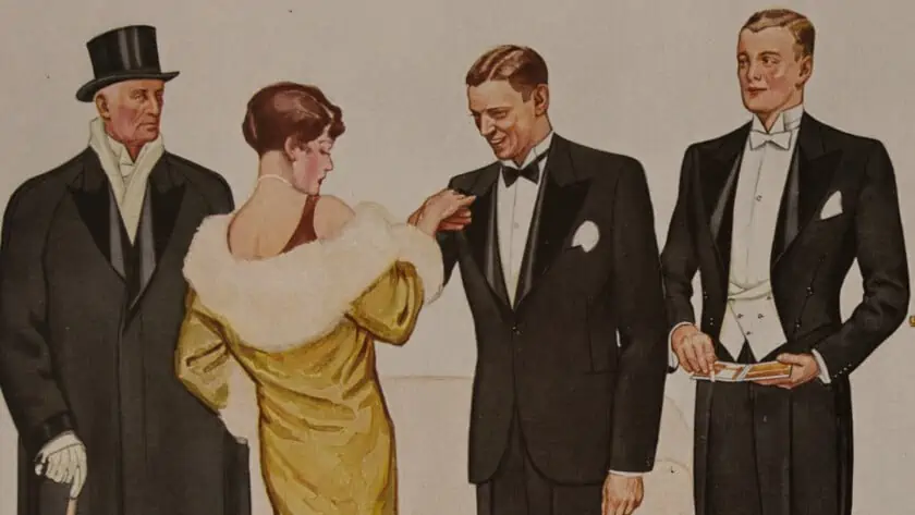 Three male figures, two wearing white tie and one wearing black tie, greet a woman wearing a yellow coat at a social event