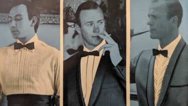 Three men in a period advertisement from the 1960s wearing black tie and evening shirts