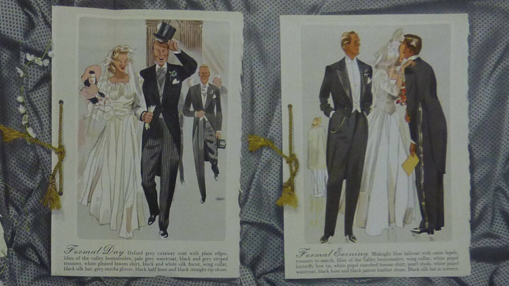 Illustrated depictions of mid 20th century formal evening weddings