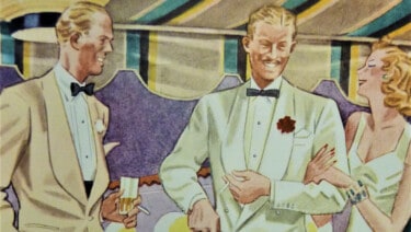 Illustration of two men wearing warm weather black tie ensembles chatting with a woman at a party