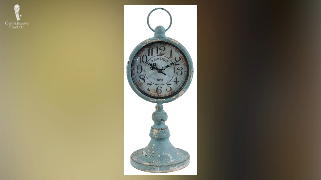 Antiqued Blue Metal Pedestal Table Clock.
