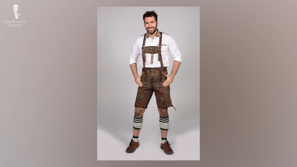 Lederhosen is commonly worn in Bavaria during Oktoberfest (Pictured a more costumey representation).