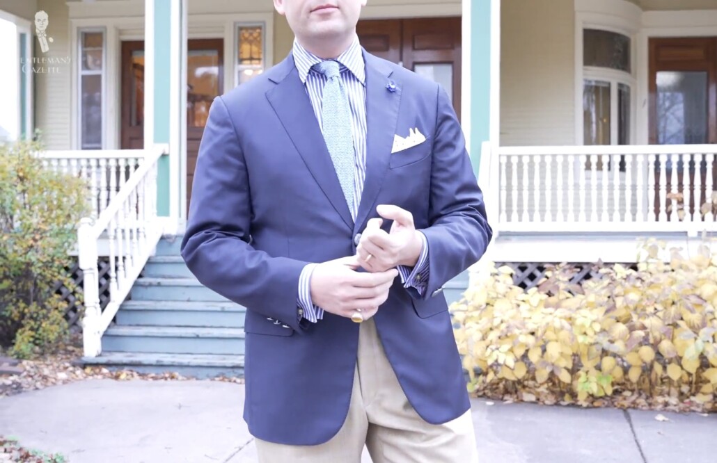 Raphael in his navy Isaia blazer with Fort Belvedere accessories