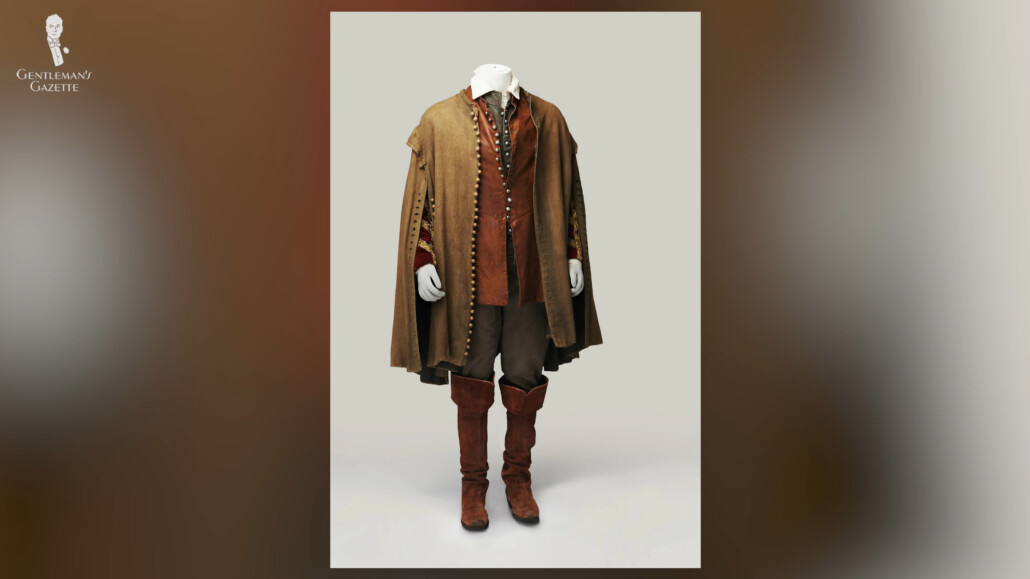 This overcoat from the 1650s features a great many buttons on the placket and sleeves.