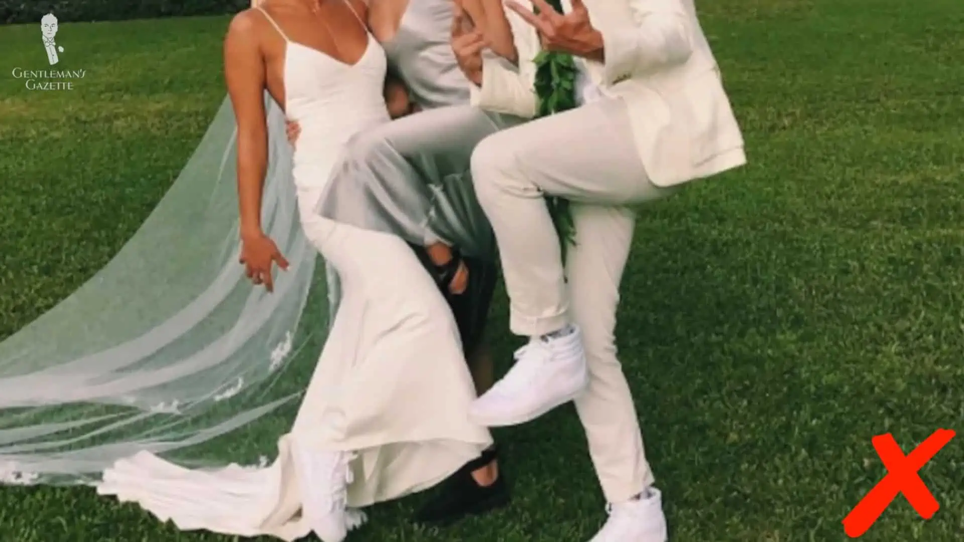 A pair of sneakers is definitely inappropriate in a wedding 