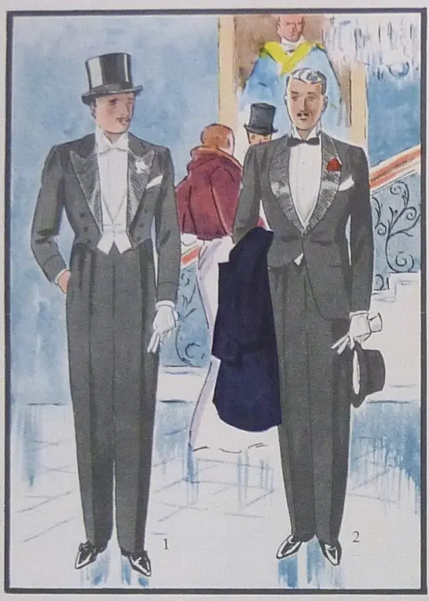 Two men in white and black tie, respectively, appear in a vintage fashion illustration 