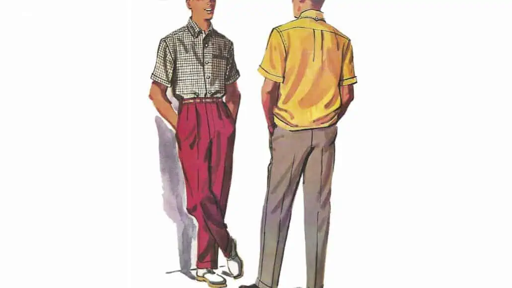 Many trousers still featured two pleats, but you could also find flat-front pants.
