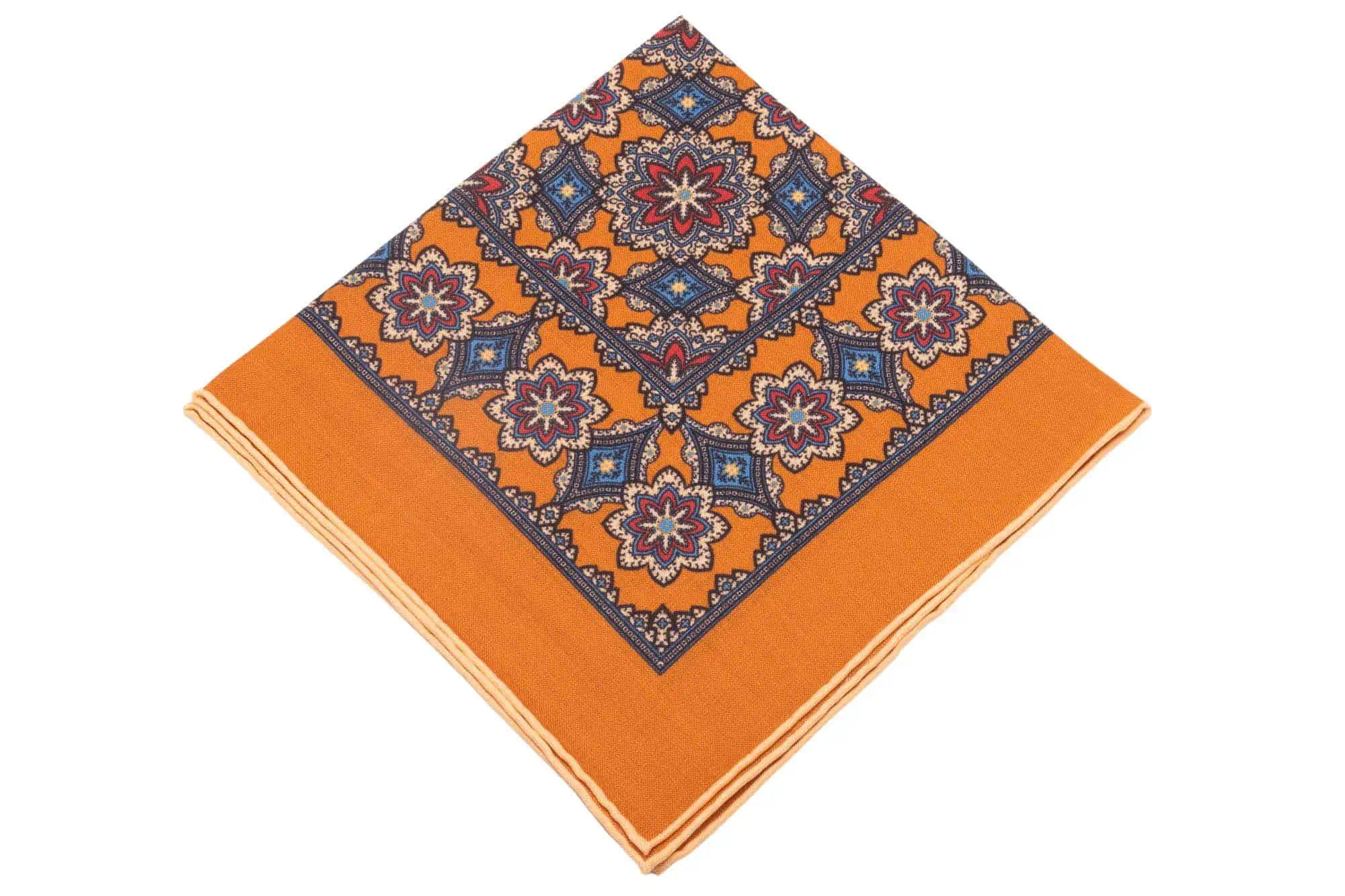 Antique Gold Ochre Silk Wool Pocket Square with Printed geometric medallions in beige, red and blue with cream contrast edge