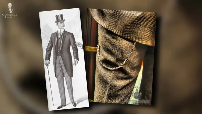 Chains and fobs were typically attached to the waistcoat or trouser pocket
