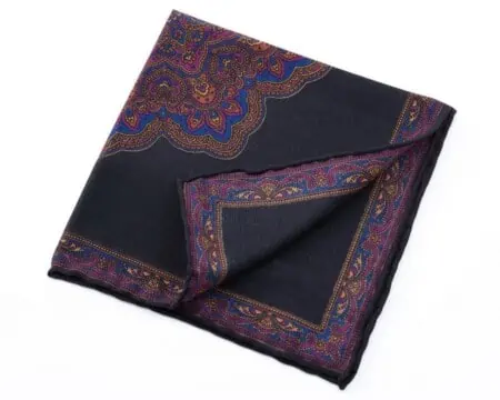 Charcoal, Purple and Blue Silk-Wool Pocket Square with Paisley Motifs