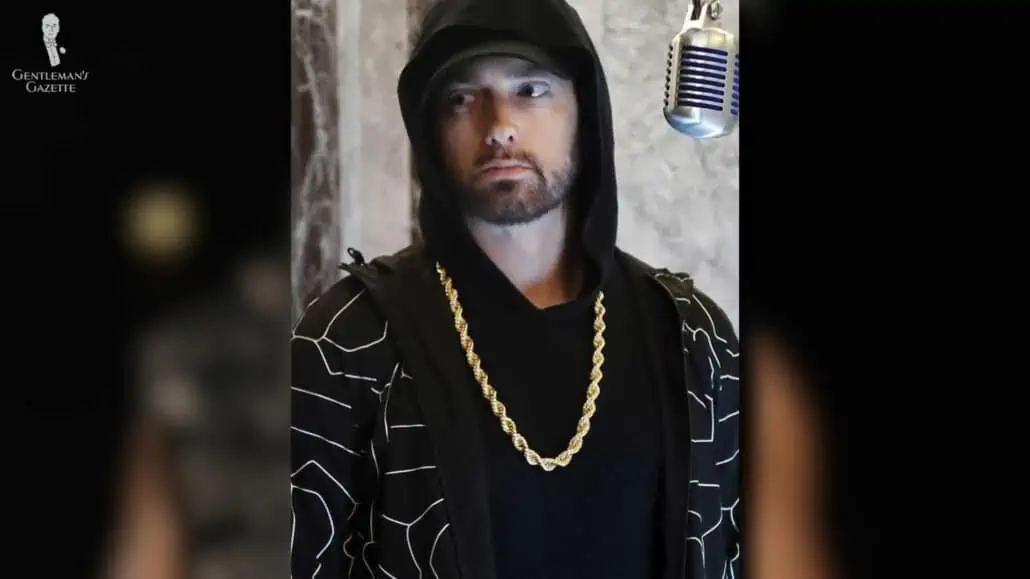 Eminem wearing an oversized gold rope chain necklace