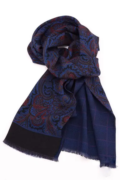 Reversible Scarf in Royal Blue and Red Silk Wool Polka Paisley and Glen Check - Fort Belvedere
