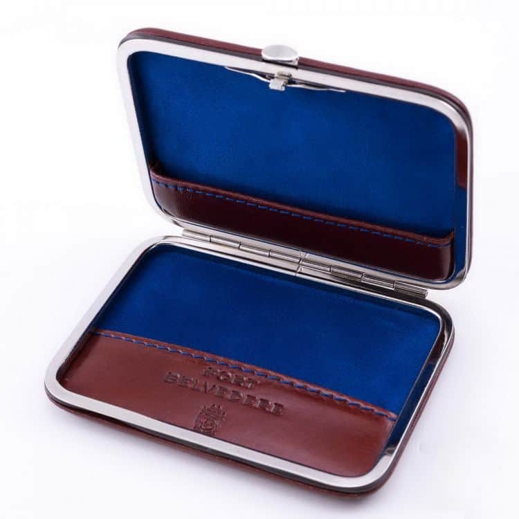 Business Card Case in Whisky Brown Leather and Blue Lining by Fort Belvedere