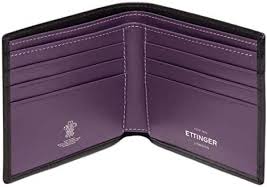 Ettinger Men Leather Billfold Wallet Black with Purple interior