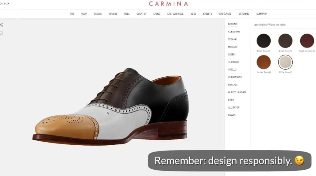 Carmina's custom shoe creator--here showing a loud option!