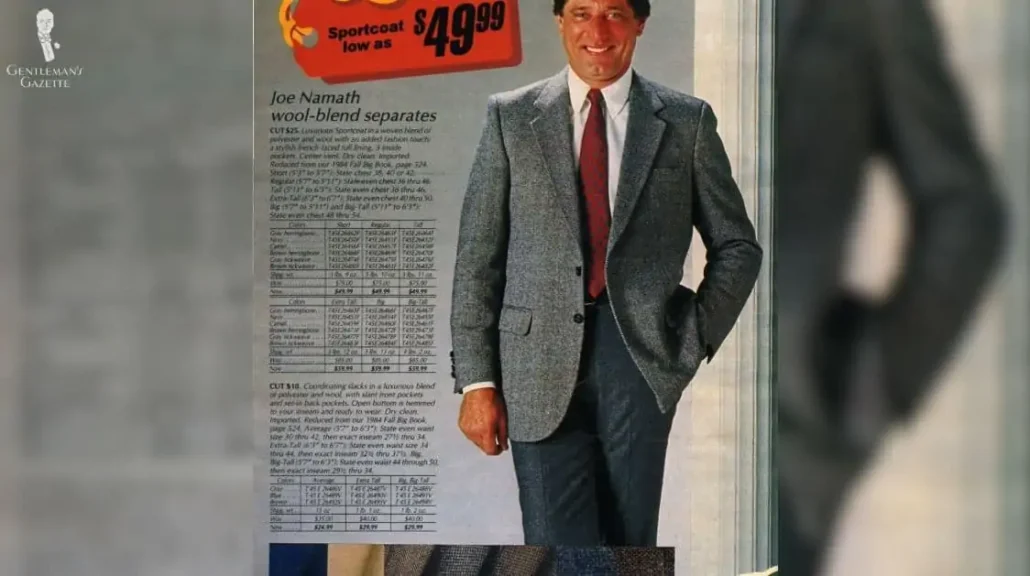 A 1980s advert showing a model wearing an odd combination outfit