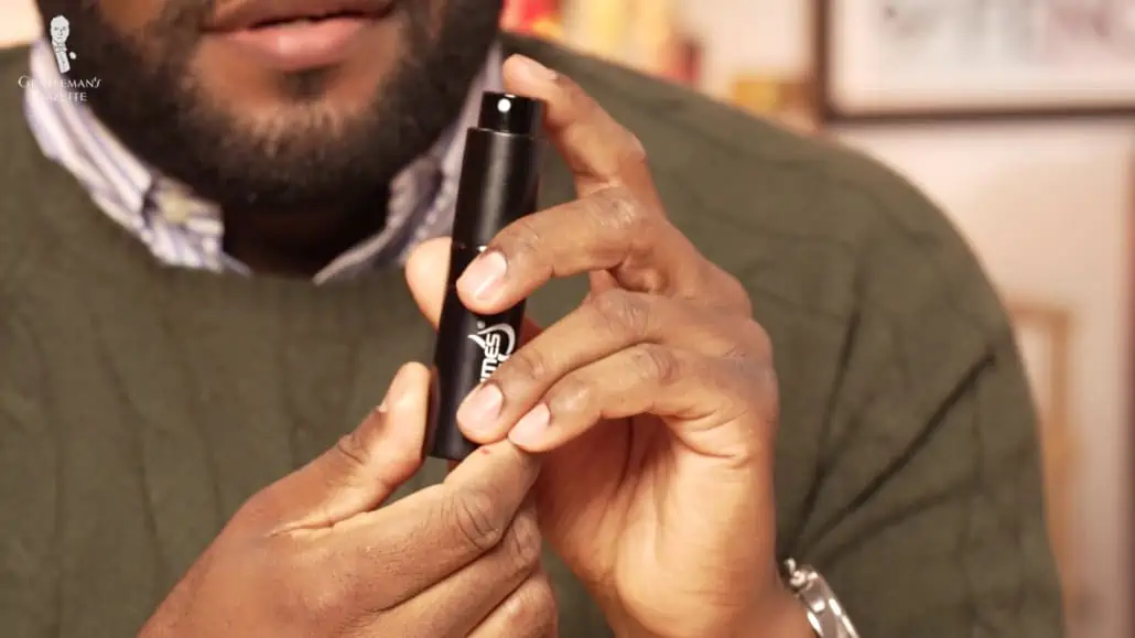 A compact spray bottle that Kyle got from a fragrance store. 