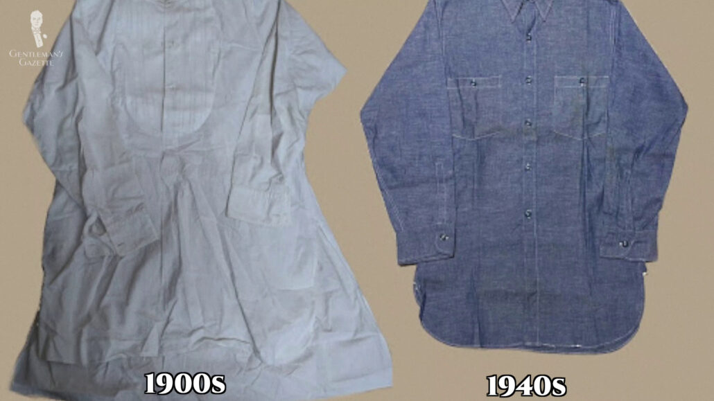 A comparison of 1900s and 1940s dress shirts.