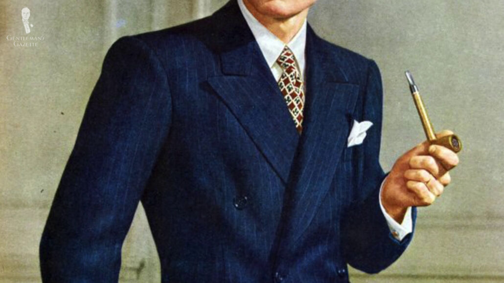 A double-breasted, striped suit from the 1930s.