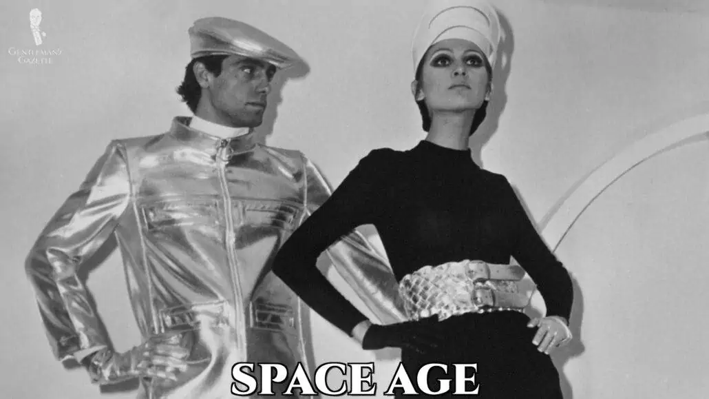 A man and lady wearing space age inspired outfits.