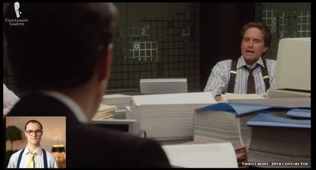 Here, Gekko wears a pair of polka-dotted dark navy suspenders.