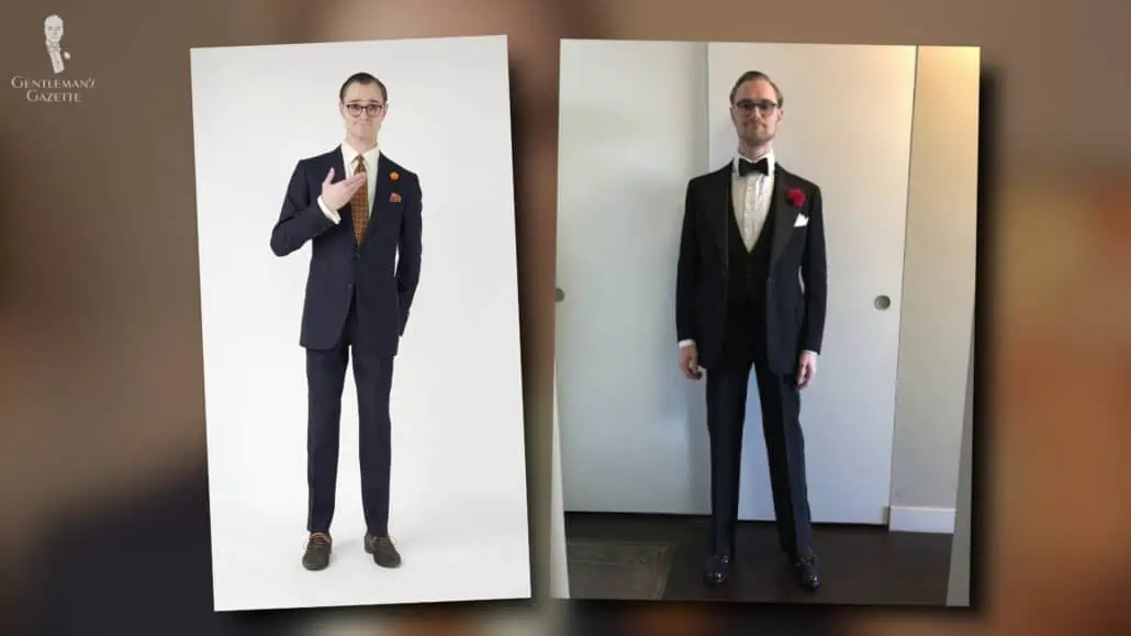 A side-by-side fitting comparison of the Suitsupply suit and the vintage 1937 tuxedo.