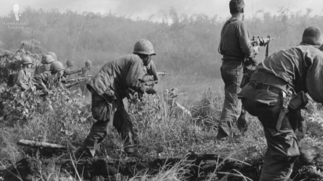 A soldier in battle during the Vietnam war.