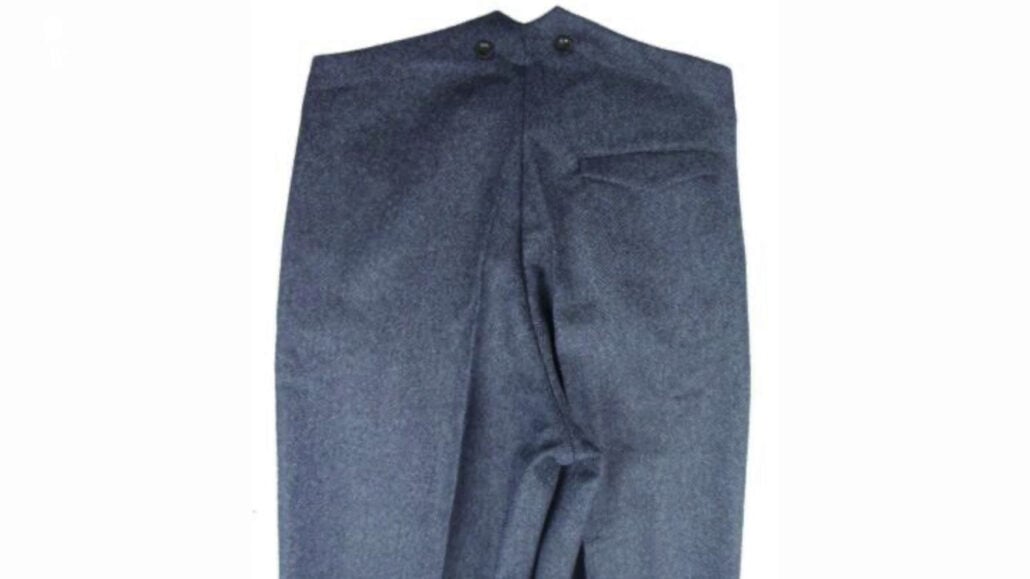 A trouser with fishtails for braces and suspenders.