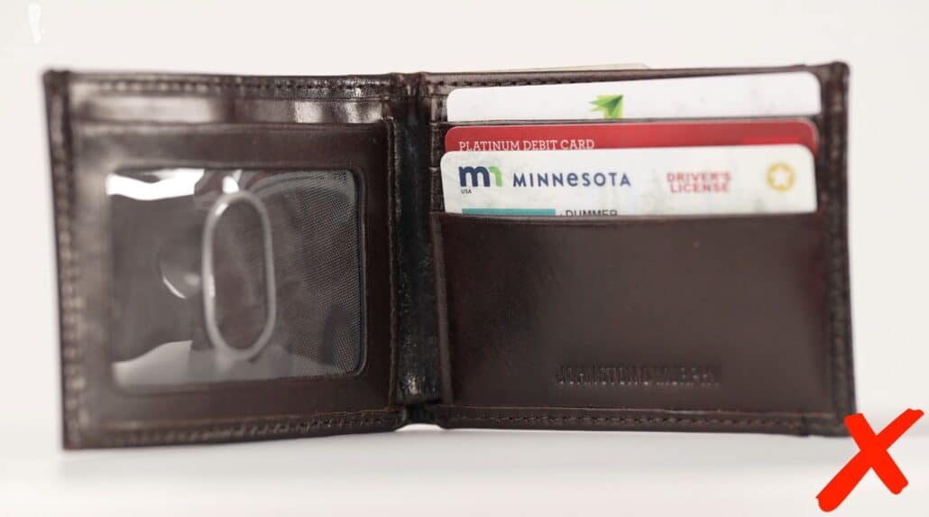 A wallet with inferior quality materials used on the inside.