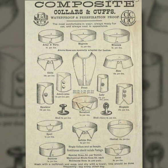 An 1887 advert illustrating different styles of collars and cuffs