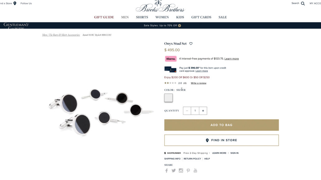 An onyx stud set from Brooks Brothers showing an average rating.