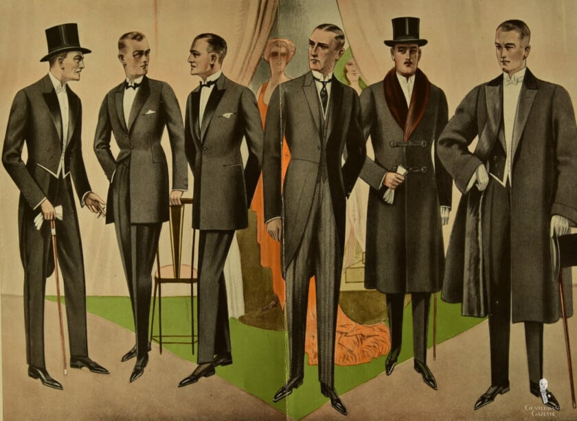 An early 20th century fashion plate depicting men in varies types of Black and White Tie dress