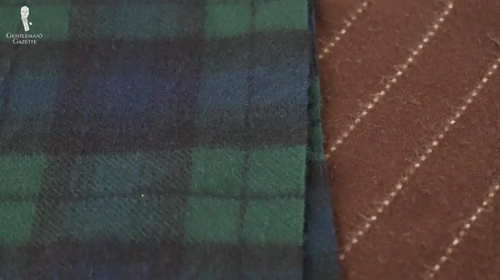 Cashmere scarves up close (Pictured: Black Watch Tartan Cashmere Scarf – Green Blue Military from Fort Belvedere)