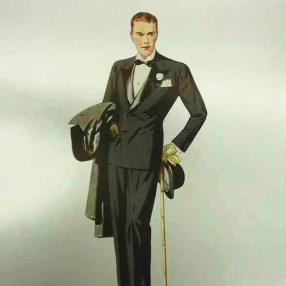An illustration of a man in a Black Tie ensemble with a walking stick