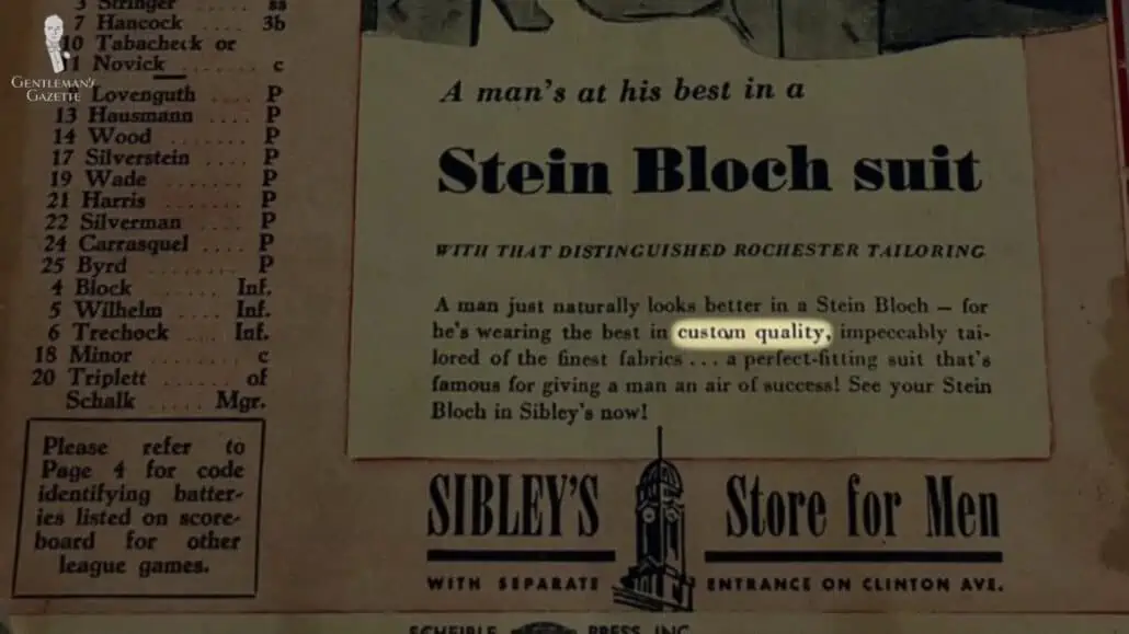 Custom craftsmanship in a Stein Bloch suit ad from the 1940s.