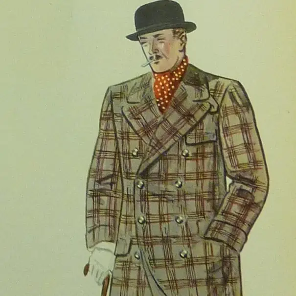 A 1930s illustration of a man in an overcoat and ascot. 