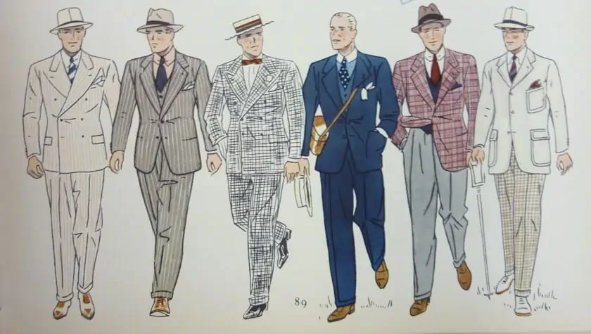 Six men in colorful suits from the 1930s