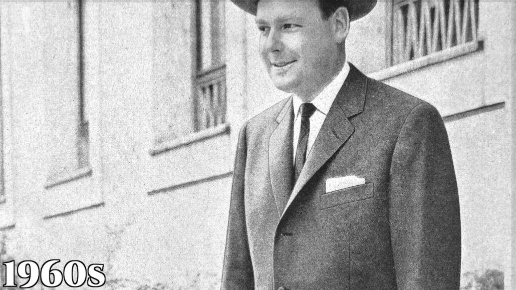 During the 1960s men still wore suits inspired by late 50s styles.