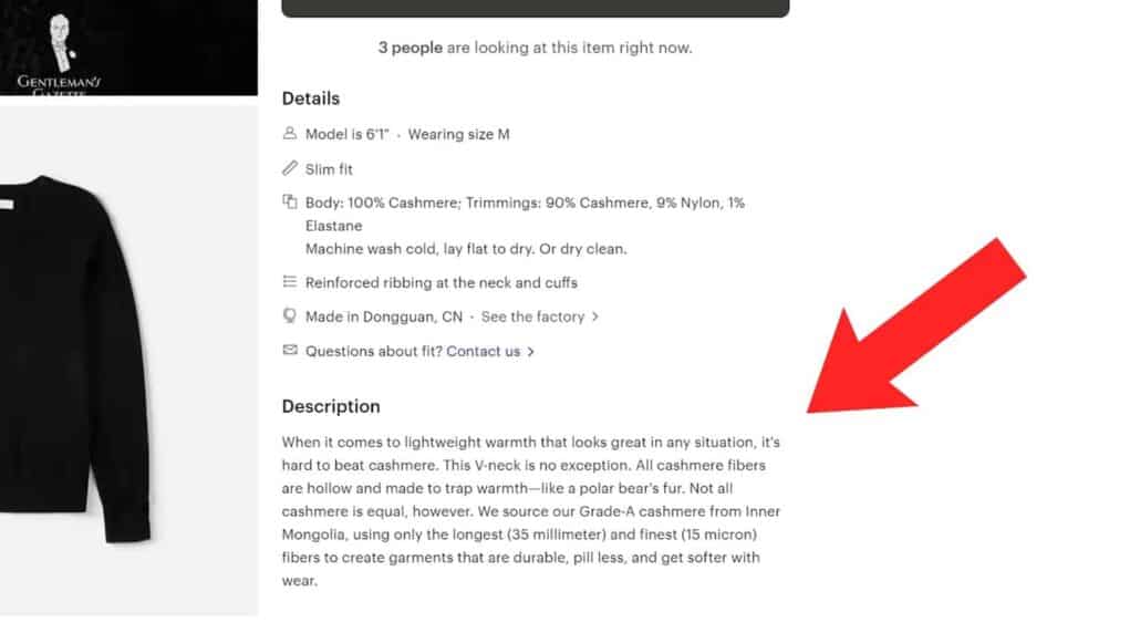 Everlane Product Page Unlike most cashmere retailers, Everlane states more information on the cashmere fibers on their product listings.