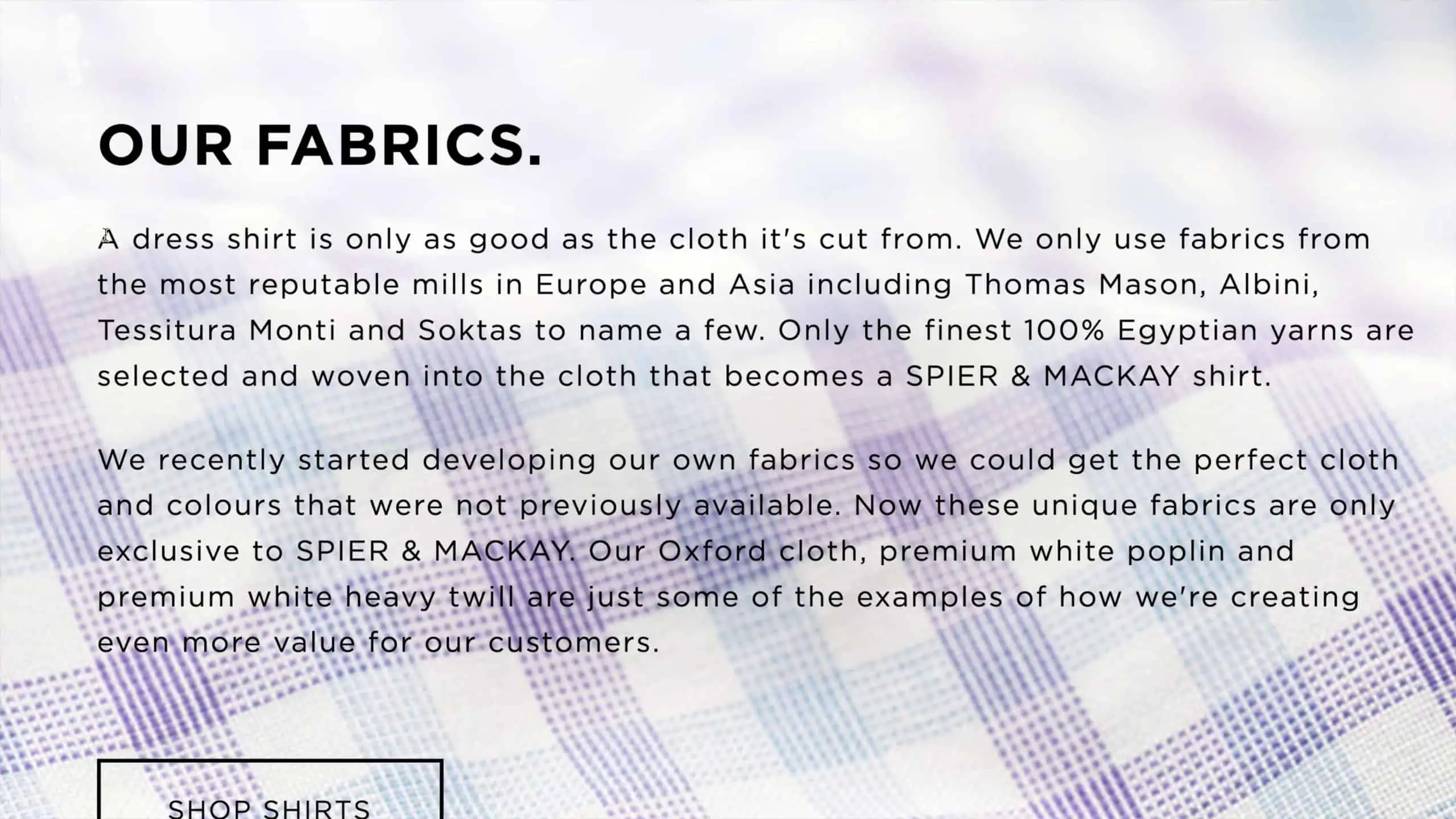 A section on Spier & Mackay’s website discussing the fabrics they use.