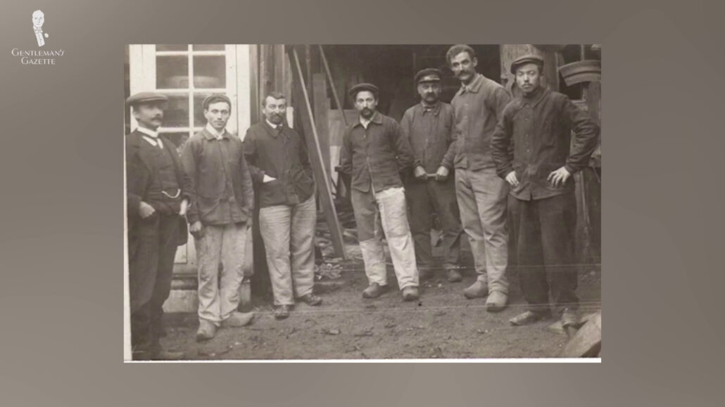 French laborers wearing an earlier version of the overshirt called the “chore coat.”