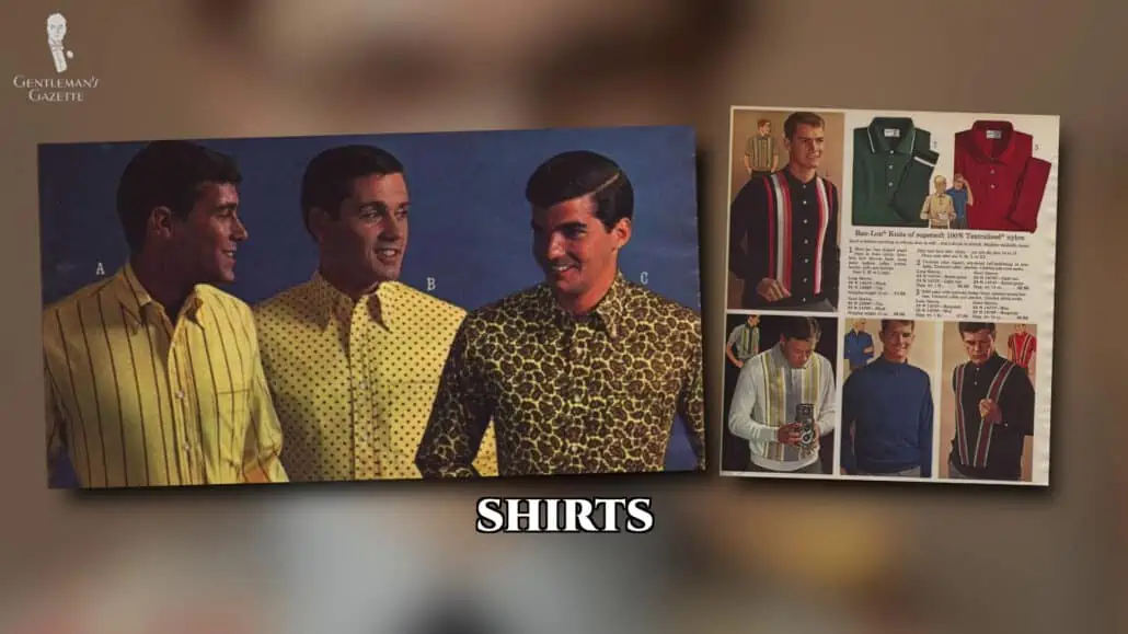 Gentlemen in the 1960s wearing shirts in different colors and prints.