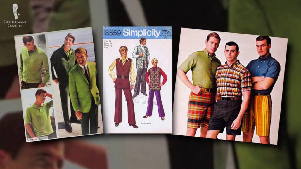 Gentlmen of the 1960s wearing different bold colors and printed outfits.